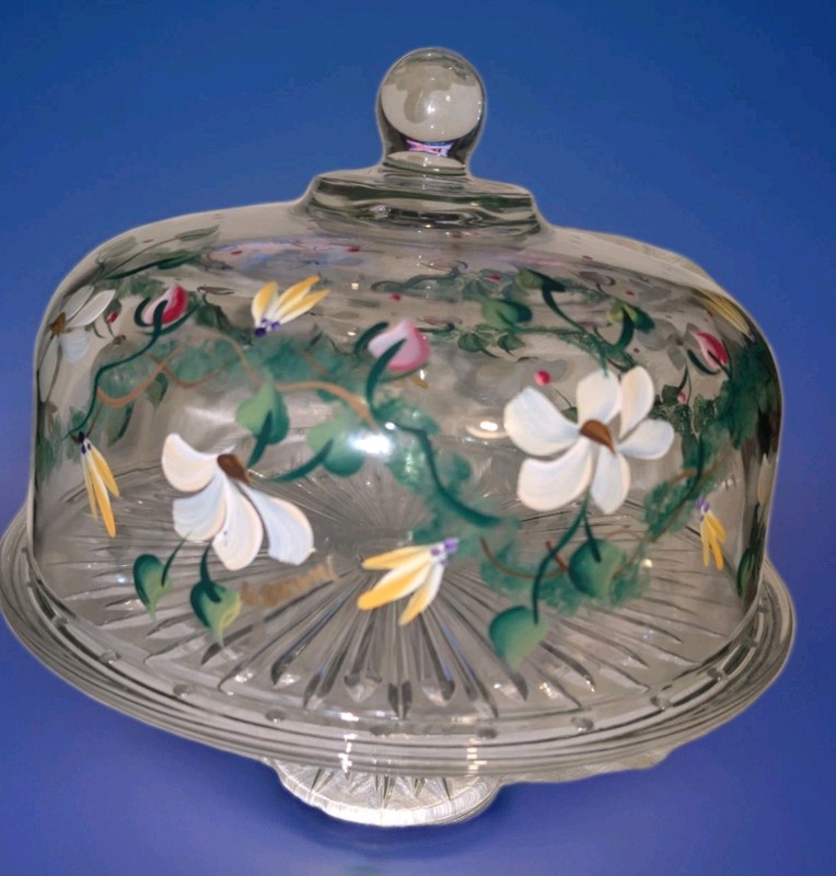 Cake Pedestal Glass Dome Covered Stand Hand Painted Floral Signed 11"W OOAK gallery