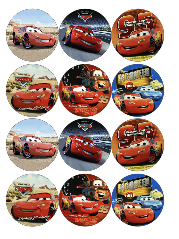 set of 12 cars cartoon, edible paper, cupcake cookie toppers
