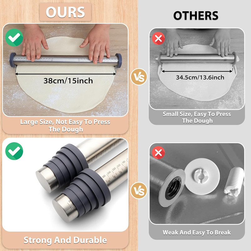 Adjustable Rolling Pin with Thickness Rings for Baking -Non Stick Stainless Stee gallery