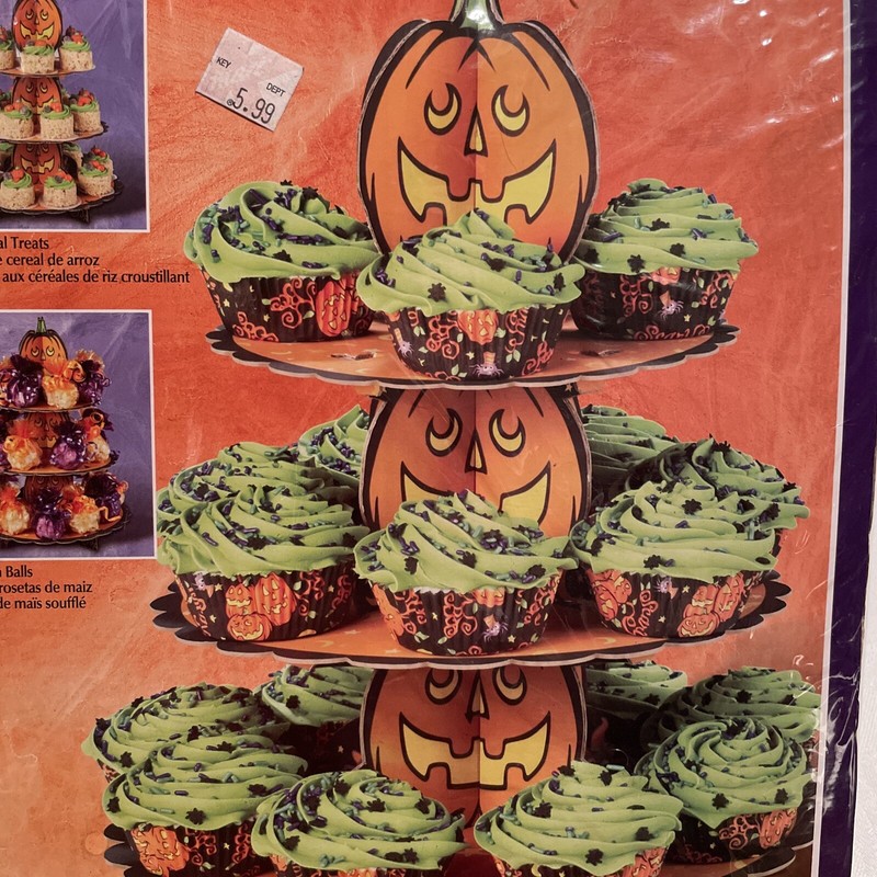 VTG Wilton Pumpkin Jack O Lantern Cupcake Treat Stand, Boo! Scary! Halloween