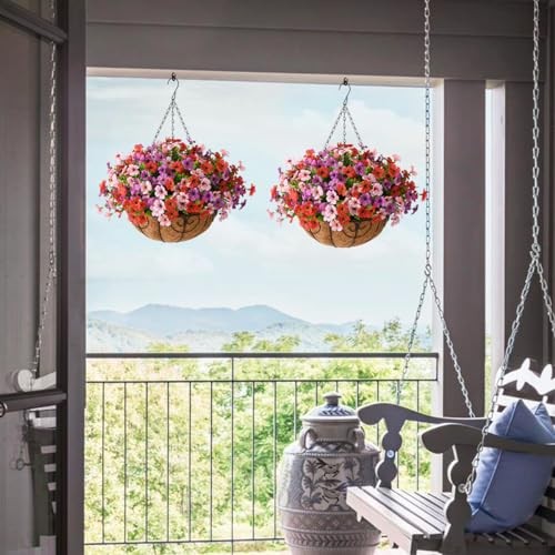 Artificial Faux Hanging Plants Flowers Basket for Outdoor Purple Red Pink gallery