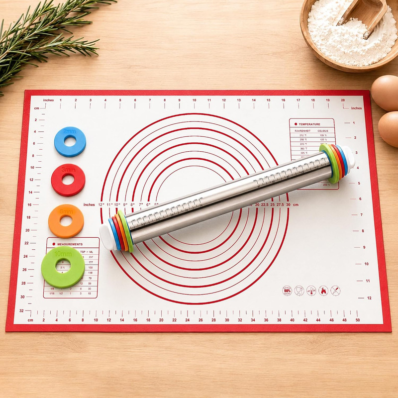 Adjustable Stainless Steel Rolling Pin & Non-Slip Silicone Baking Mat Set with T