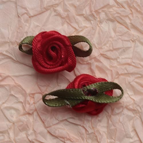 50 Pcs Satin Roses with Green Leaves Mini Cute Ribbon Bows Fabric Red gallery