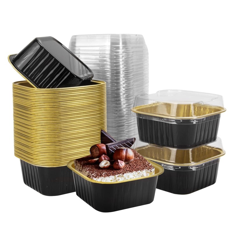 50 Pcs Mini Square Baking Cups with Lids,5oz Aluminum Foil Mini Cake Pans wit…