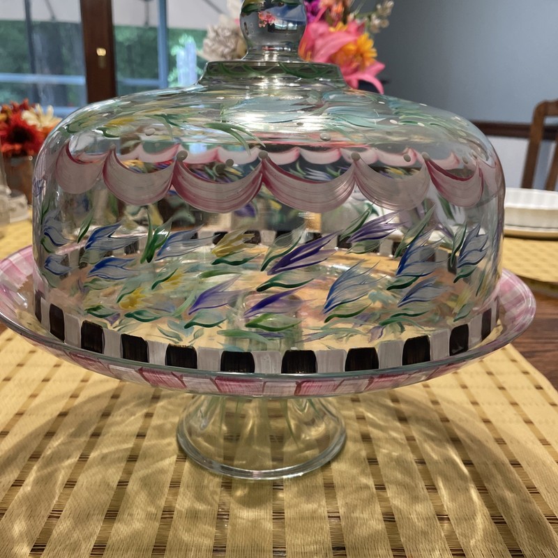 Beautiful hand painted glass Pedestal￼ Cake Plate with dome cover 12.5” Tall