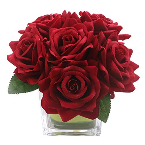 Artificial Velvet Rose Flower Centerpiece Arrangement in vase for Burgundy gallery