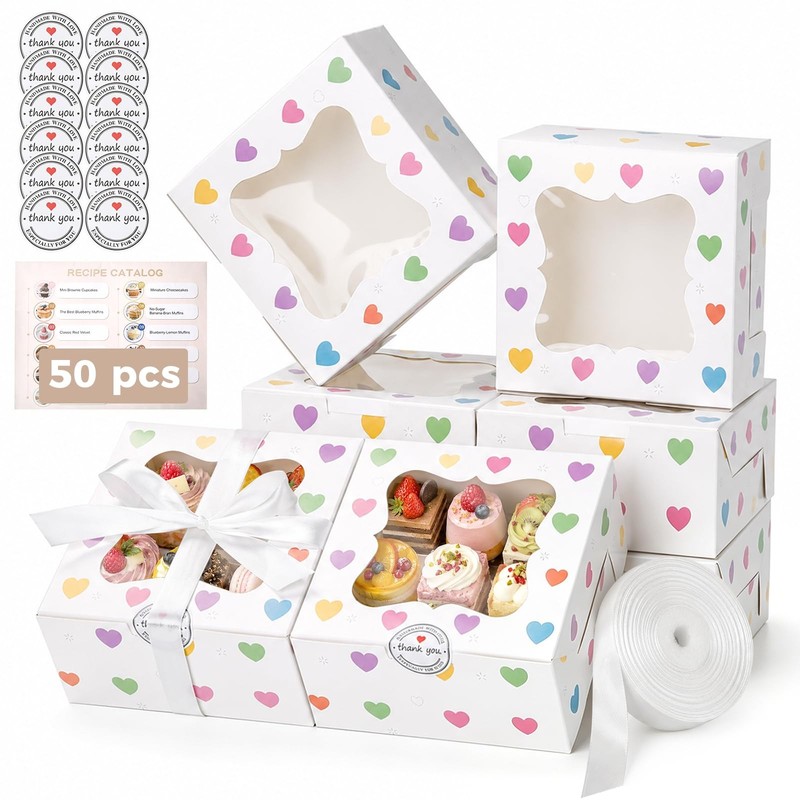 50 PCS 6x6x3 Inch White Cookie Boxes With Window HeartShape Dessert Treats