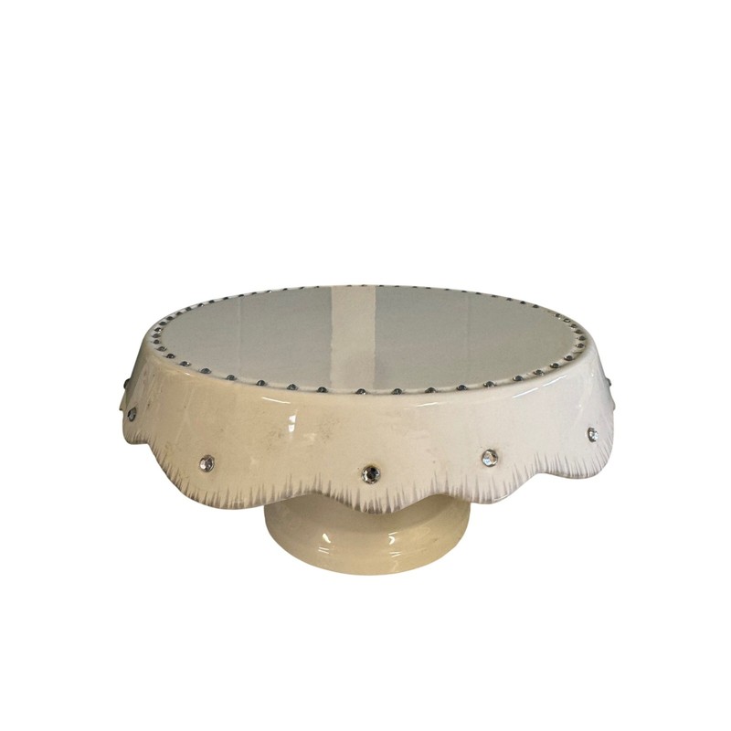 Cream Ceramic Cake Stand Scalloped Pedestal Rhinestone Studded Dessert Server