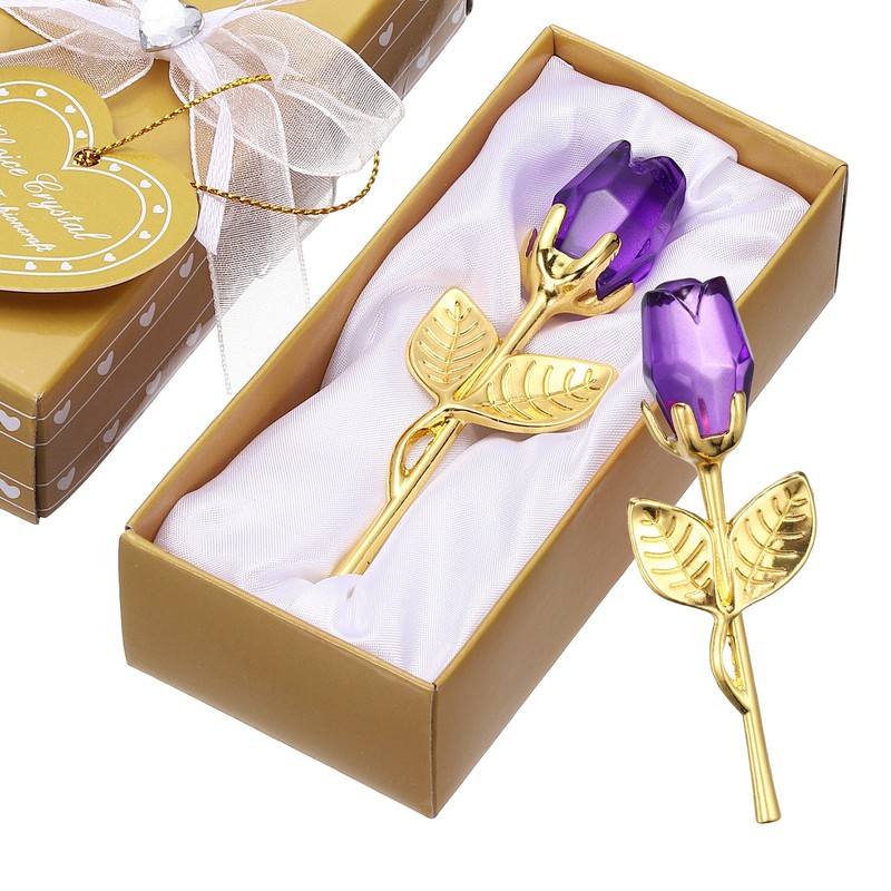 2 Mini Crystal Roses with Box, for Romantic, Purple & Gold
