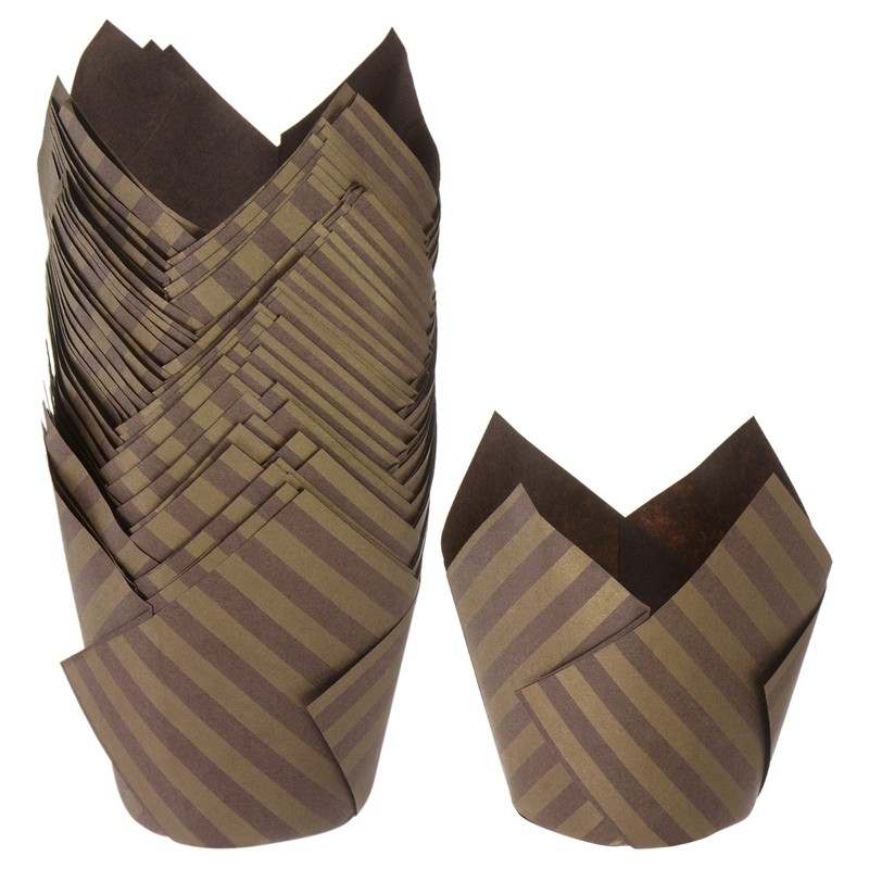 50-Pack Tulip Cupcake Liners, Greaseproof Paper Baking Cups[Brown Stripe]