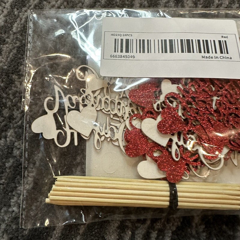 24 Pack Happy Valentine's Day Cupcake Toppers Wooden Picks Red Glitter Heart New gallery