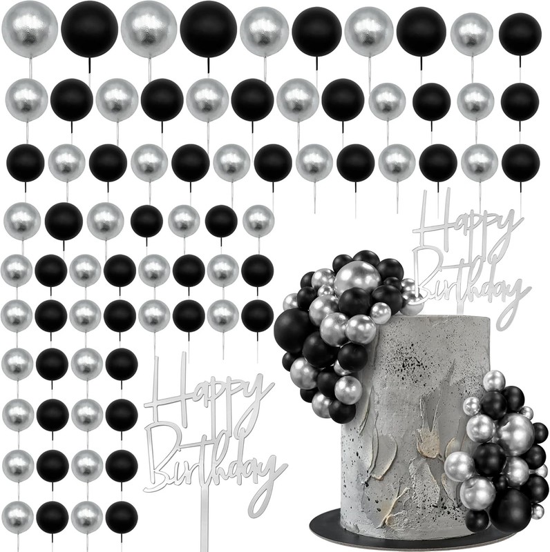 75 PCS Black and Silver Balls Cake Topper Happy Birthday Cake Insert for Baby