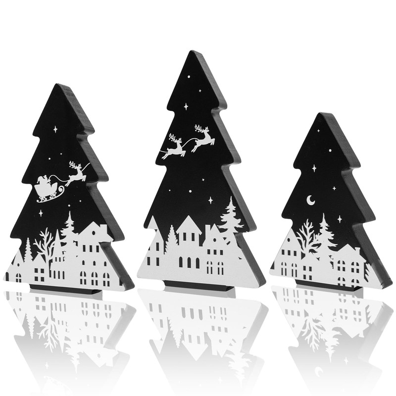 3 Pieces Christmas Tree Wooden Signs Black White Xmas Tiered Tray Decor