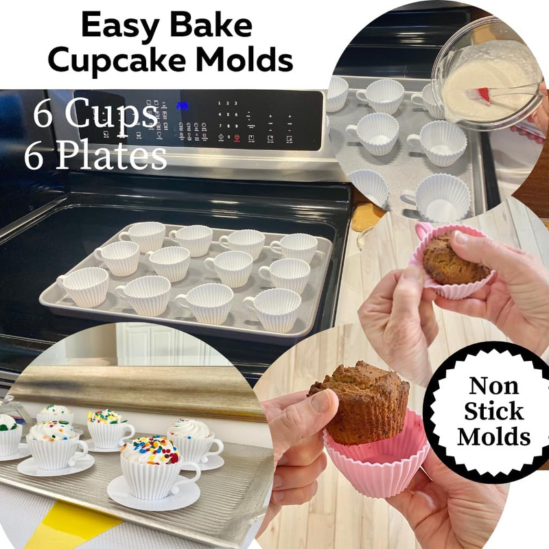 Baking Cupcake Molds - Silicone Teacup Set - 12 Pc Set - Oven-Safe - Nonstick - gallery