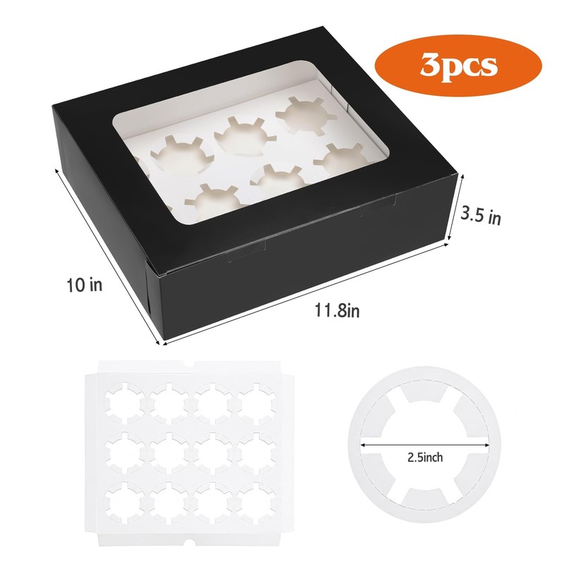 3 PCS Black Cupcake Boxes With Window Hold 12 Count Containers For Desserts gallery