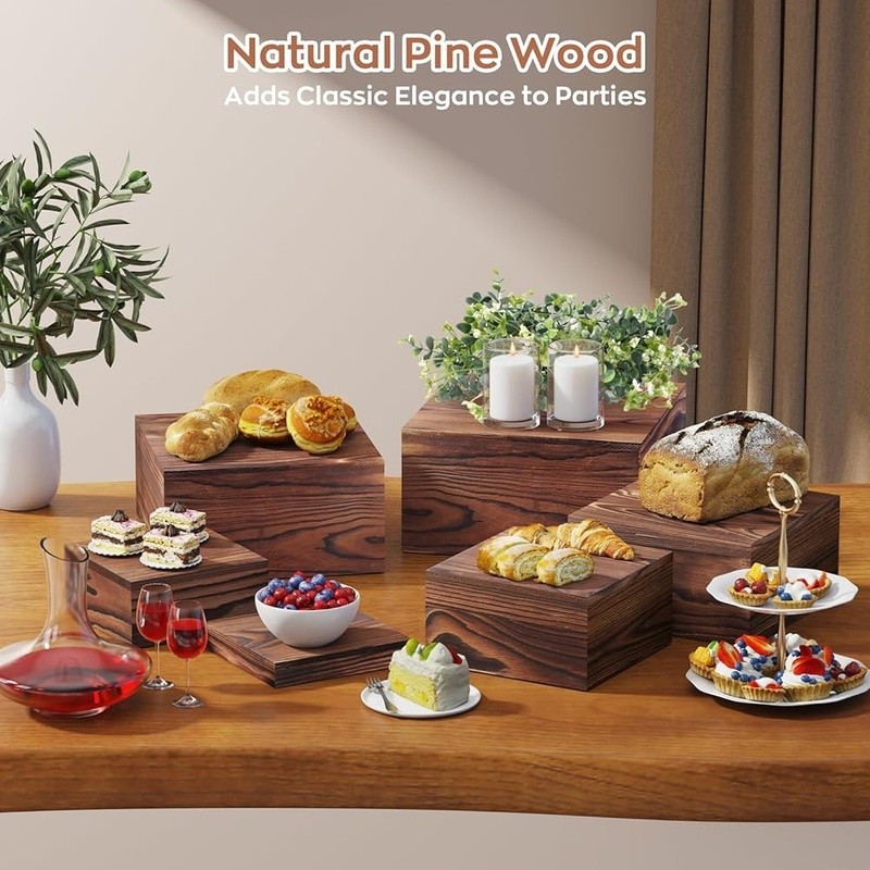 Wooden Buffet Risers Set Catering Display Stands Food Presentation Rustic Pine gallery