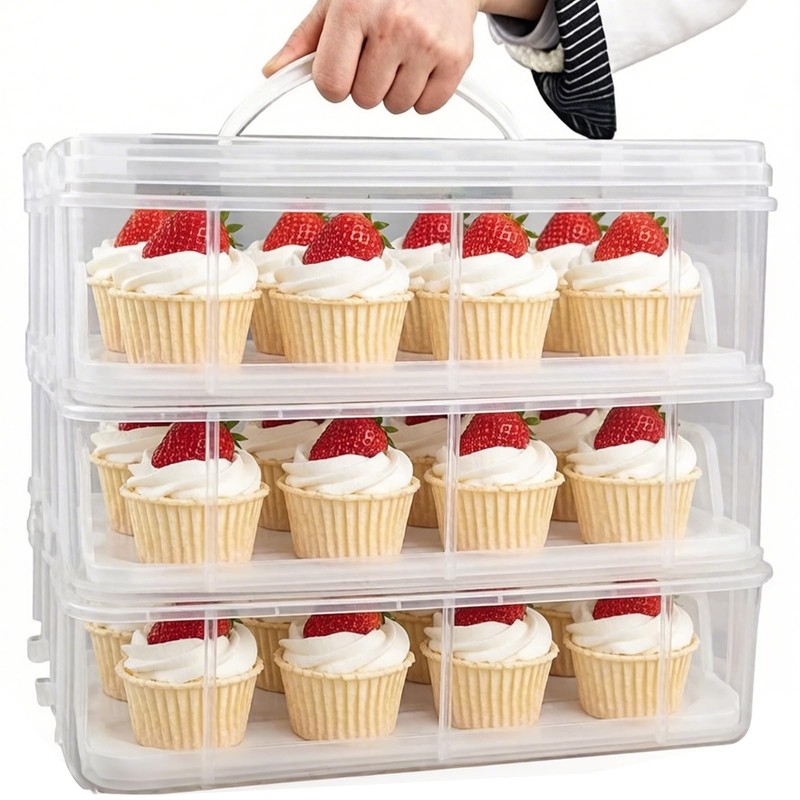 3 Tier Cupcake Carrier with Lid,Holds 36 Cupcakes or 3 Large Cakes Food Trans…