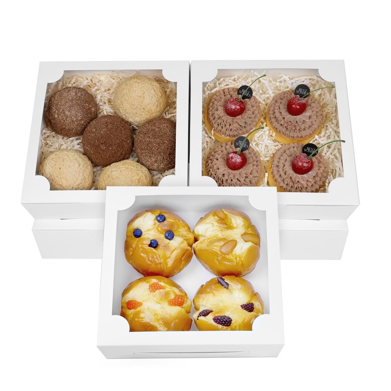 8x8x2.5 Inch White Bakery Boxes 50 PCS Cookie Boxes with Window for Treats