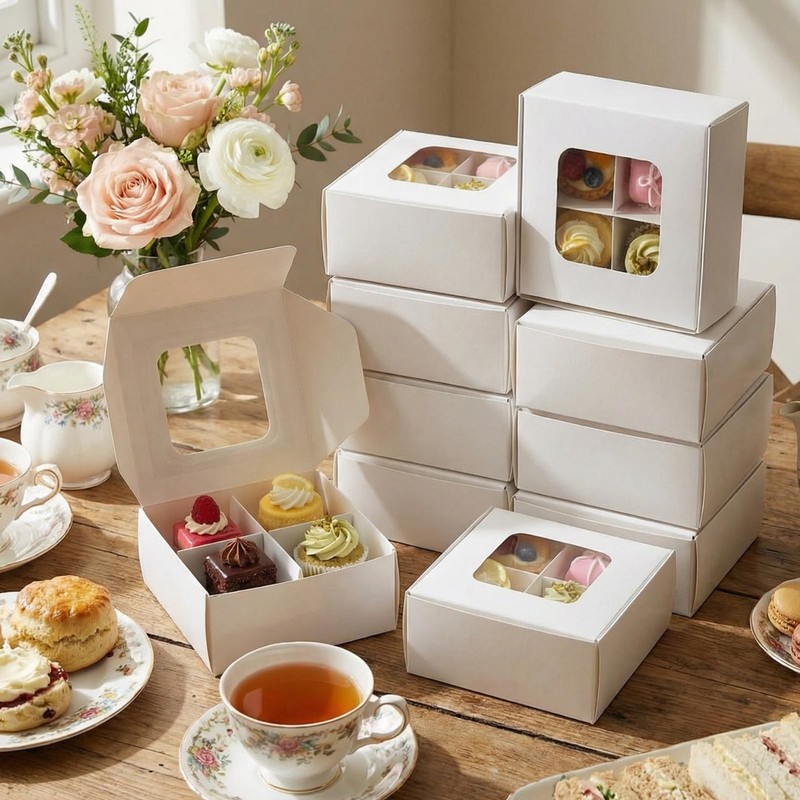 40 PCS White Cupcake Bakery Boxes Clear Window 4 Count 3.5x3.5x1.57 Inch gallery
