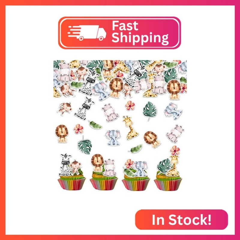 Fyeoxle 40PCS Edible Jungle Safari Animal Cupcake Toppers Wafer Paper Jungle Saf