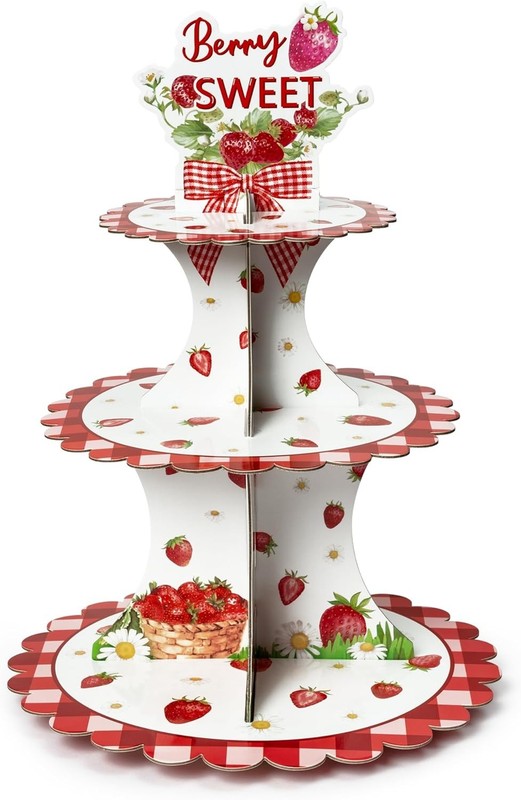 Strawberry Cupcake Stand - 3 Tier Berry Sweet Red Plaid Cupcake Tower Cardboa... gallery