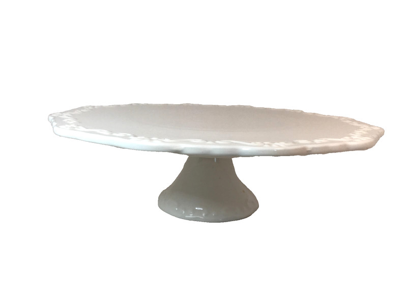 Ceramic Pedestal Cake Stand 10″ White Scalloped Embossed Filigree Scroll Rim