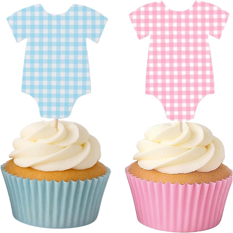 36 Pcs Blue & Pink Gingham Cupcake Toppers – Gender Reveal Decorations, Baby