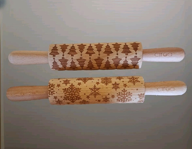 Ciroa Wooden Christmas Tree And Snowflake Embossed Rolling Pins Set Of 2 Baking