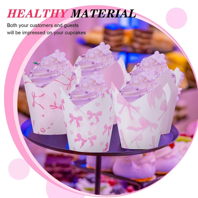 500 Count Pink Bow Tulip Cupcake Liners for Coquette Birthday Party Baking gallery