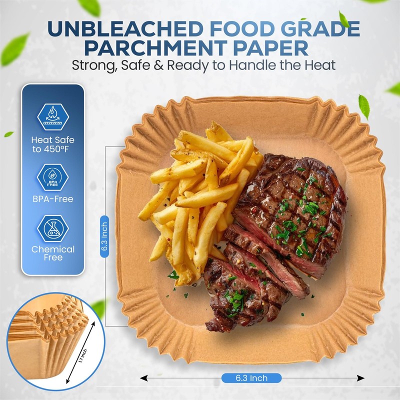 Air Fryer Liners Disposable Parchment Paper, Square 2-5QT6.3"-100CT, Brown gallery