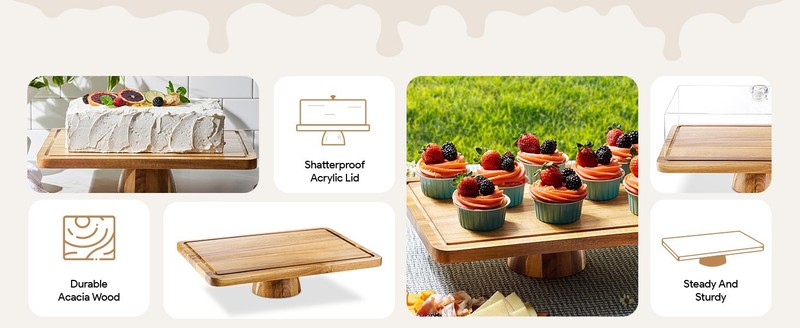 Acacia Wood Cake Stand w/Lid Rectangular Cake Holder, 2in1 Dessert Table Display gallery