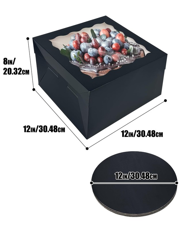 4 PCS Black 12x12x8 Inch Cake Box With Window 12 Inch Round Boards Container gallery
