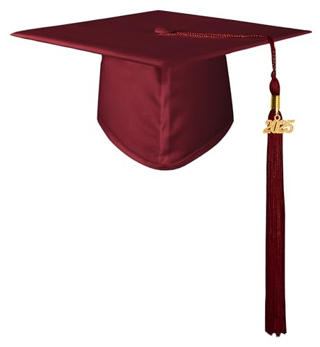 Matte Graduation Cap with 2025 Tassel for High School & One Size Maroon
