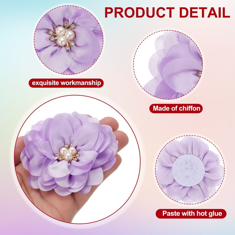 3.15 in Rhinestone Chiffon Flower, 10 Pcs Fabric Appliques, Light Purple gallery