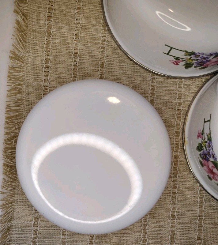 Vintage Set - 3 Enameled Metal Nesting Mixing Bowls Pink Roses Purple Flower 90s gallery