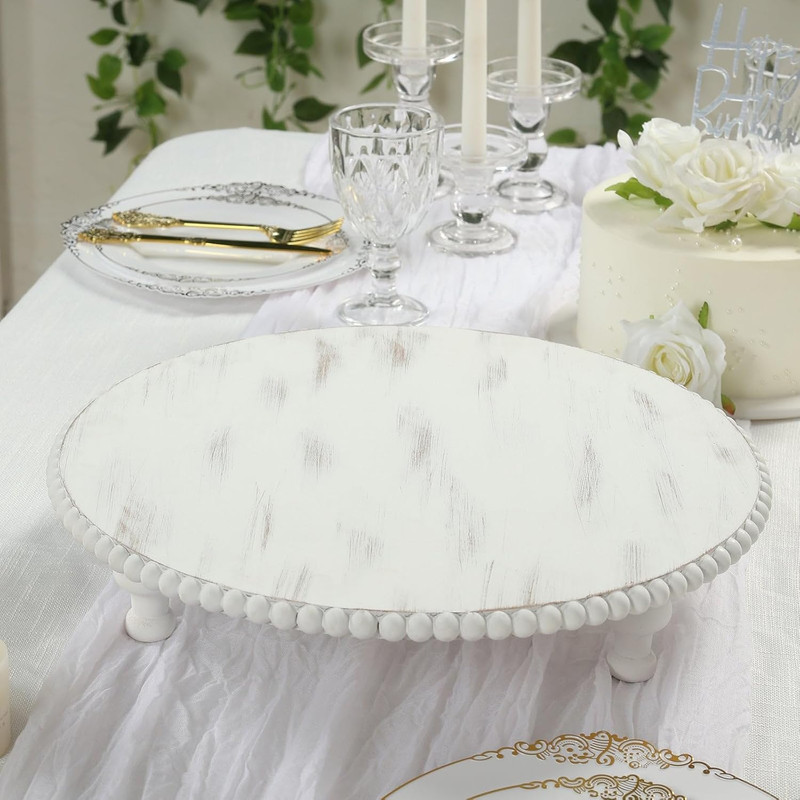 16" Antique White Beaded Wooden Cake Stand - Rustic Farmhouse Pedestal Riser for gallery