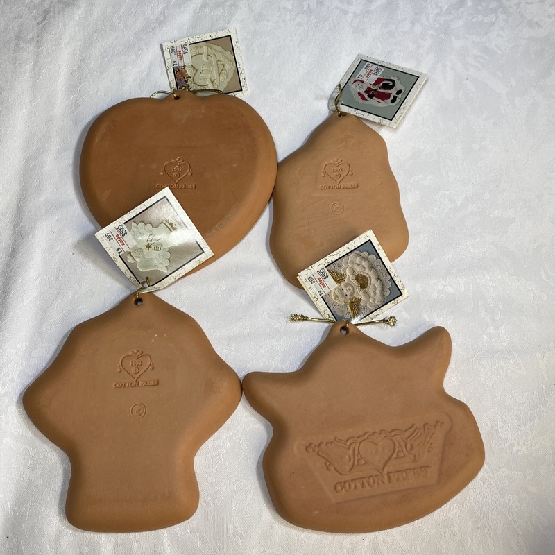 Set of 4 Vintage Cotton Press Cookie Molds w/ Labels - Heart Santa Angel Cupid gallery