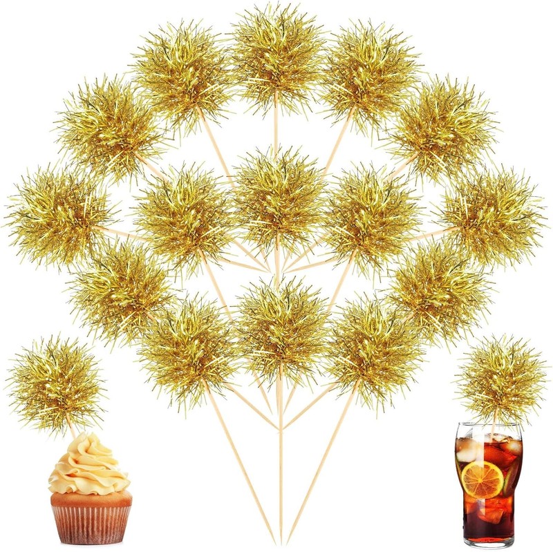 100 Pcs Foil Firework Cupcake Toppers Gold Sparkle Tinsel Cake Toppers New Years