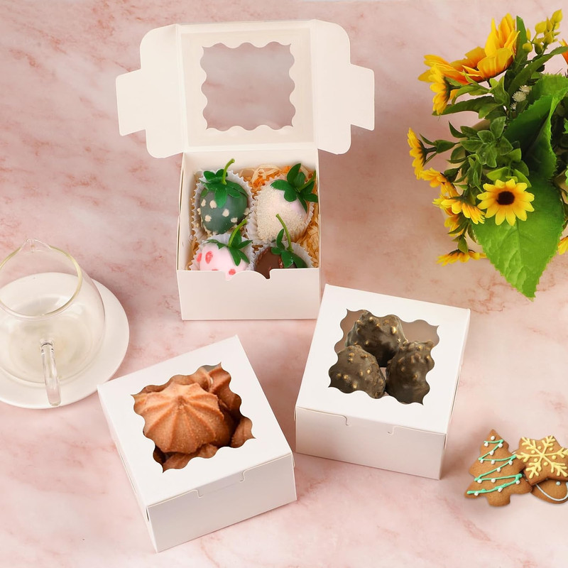 24pcs White Cookie Boxes, 4x4x2.5 Inches Bakery Boxes with Window, for Mini Cake gallery