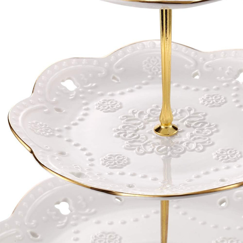 3-Tier Porcelain Embossed Cupcake Stand - Pure White Rimmed with Gold Dessert Ca gallery
