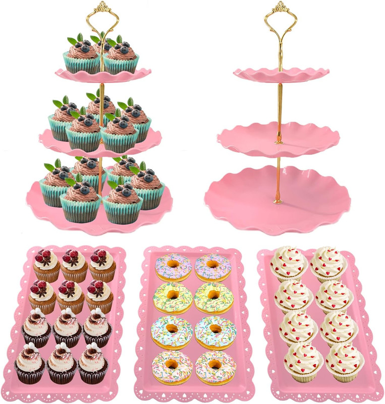 5 Pcs Dessert Table Display Set, Pink Plastic 2 Pcs round 3 Tier Cupcake Stand C