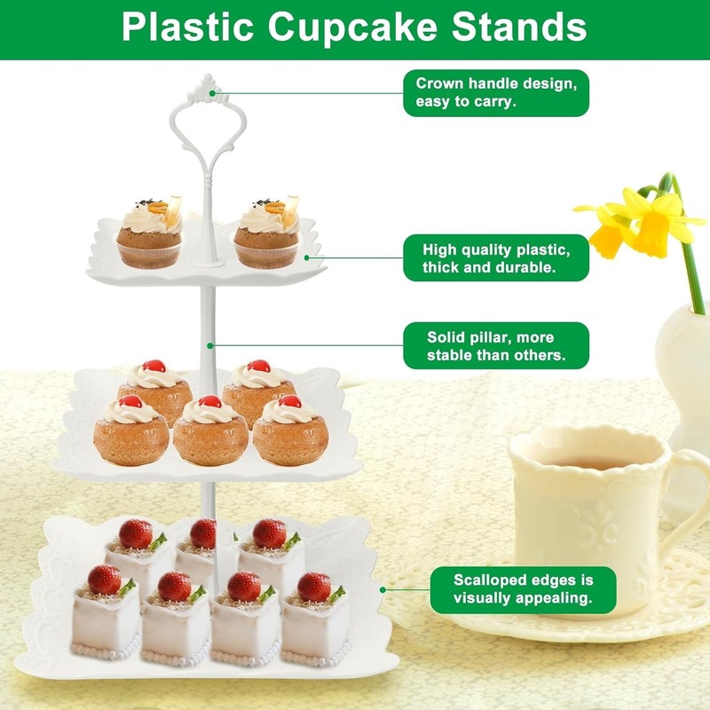 3 Tier Cupcake Stand, Plastic Tiered Serving Stand, Square Dessert Tray for T... gallery