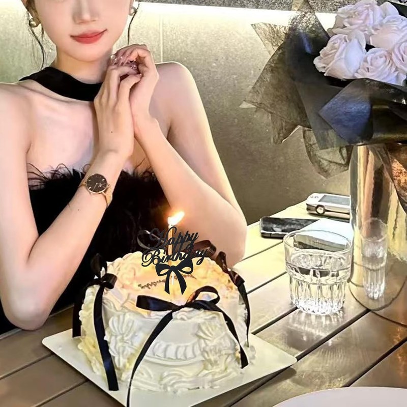 Black Bows for Cake, 12 PCS Black Vintage Ribbon Bow Cake Topper with 1PC Happy gallery