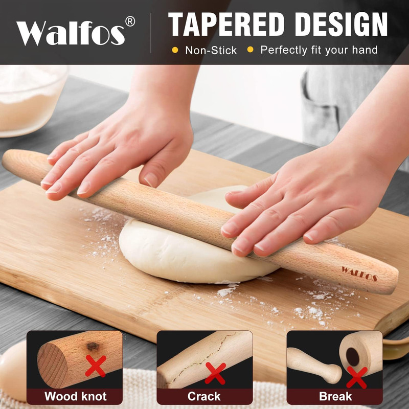 French Rolling Pin and Silicone Baking Mat Set, Non-Stick Beech Wood Rolling Pin gallery
