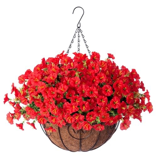 Artificial Faux Hanging Flowers Plants Baskets for Outdoors Outside Spring Red gallery