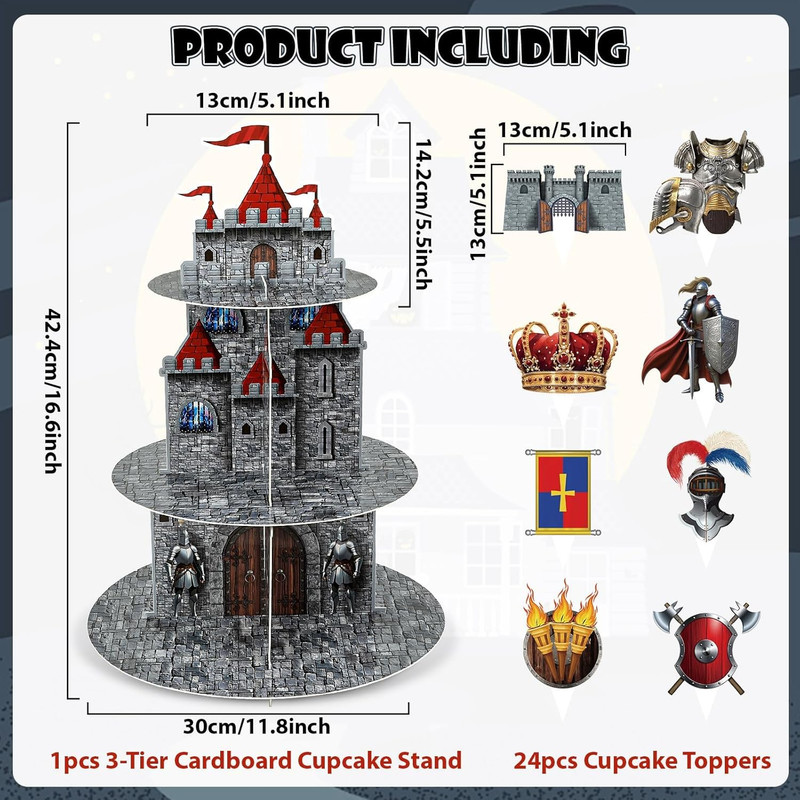 3 Tier Medieval Castle Cupcake Stand Decor with 24 Cake Toppers Knight Birthday gallery