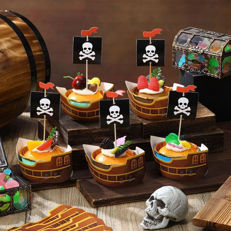 72 Pcs Pirate Ship Cupcake Toppers Skull Cap Cupcake Picks Pirate Halloween gallery