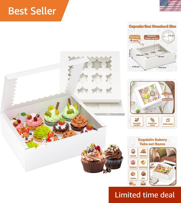 Elegant 4 Pack Cupcake Boxes – Hold 12 Standard Cupcakes with Window Design