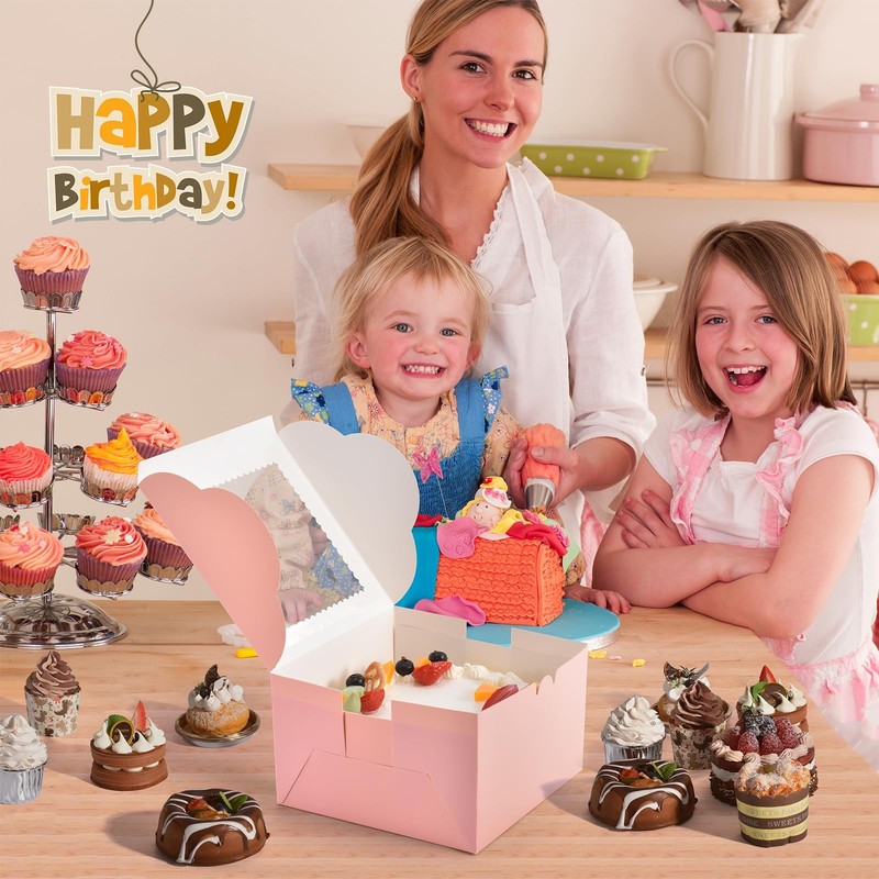 20 PCS Pink Cake Boxes With Window Bakery Carrier Container 8x8x5 Inch gallery