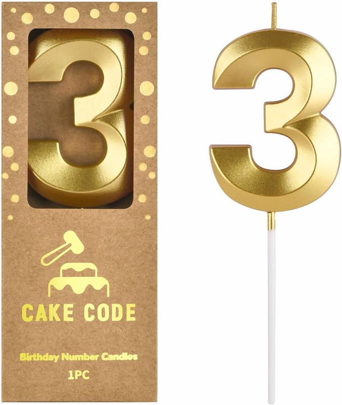 2.76 Inch Diamond Gold 3 Number Birthday Candles, Gold Number Candles, Cake